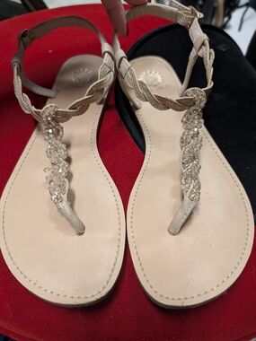 Yellow Box Nude Crystal Beaded T-Strap Sandals. 8.5